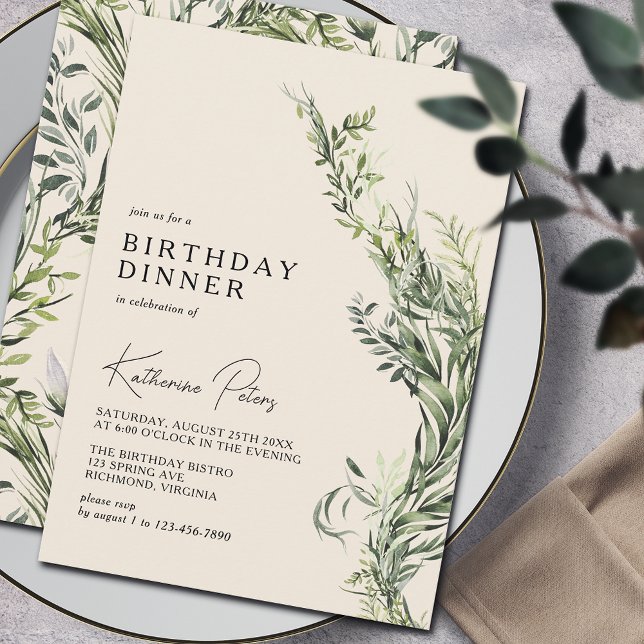 Neutral Cream Ivory Chic Botanical Birthday Dinner Invitation (Creator Uploaded)