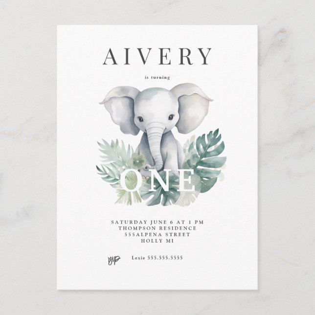 Neutral Cute Elephant First Birthday Invitation Postcard (Front)