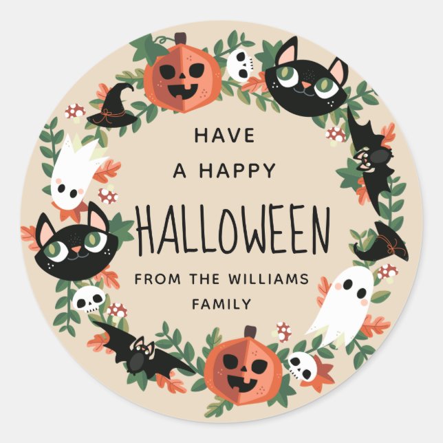 Neutral Cute Spooky Happy Halloween Wreath Classic Round Sticker (Front)