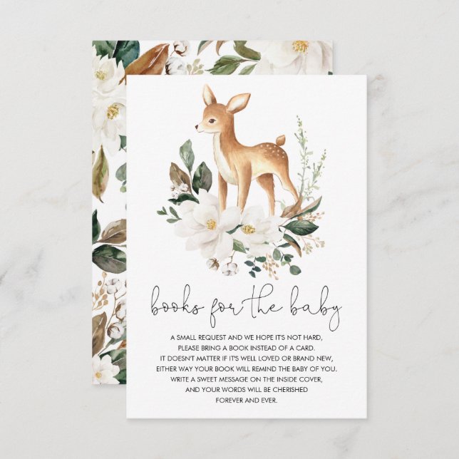 Neutral Deer White Floral Greenery Books for Baby Enclosure Card (Front/Back)