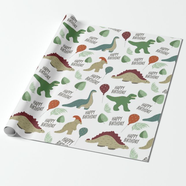 Neutral Dinosaur Birthday Wrapping Paper (Unrolled)