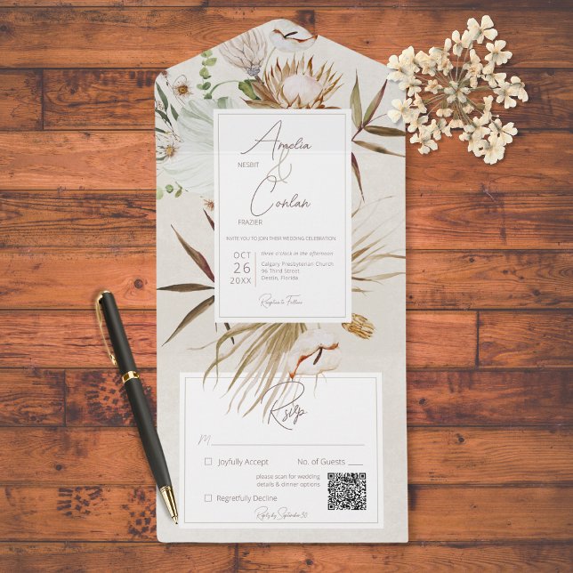 Neutral Dried Boho Floral Frame Cream QR Code All In One Invitation (Creator Uploaded)