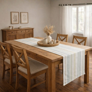 Neutral Dusty Blue Striped   Rustic Farmhouse Long Table Runner