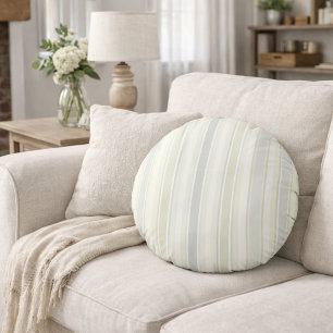 Neutral Dusty Blue Striped   Rustic Farmhouse Round Pillow