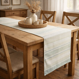 Neutral Dusty Blue Striped Rustic Farmhouse Short Table Runner