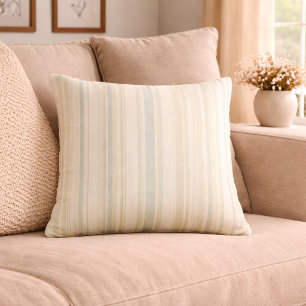 Neutral Dusty Blue Striped Rustic Farmhouse Throw Pillow