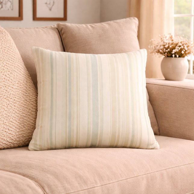 Neutral Dusty Blue Striped Rustic Farmhouse Throw Pillow (Creator Uploaded)