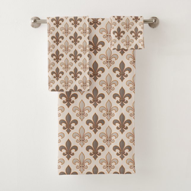 Neutral Earth Royal Fleur-de-lis Style  Bath Towel Set (Insitu)