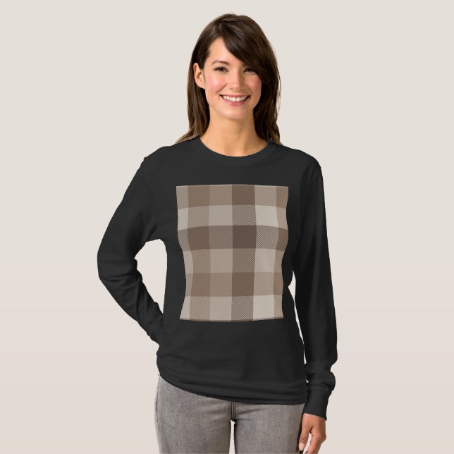 Neutral Earth Tan Chequered Gingham Plaid  T-Shirt (Front Full)