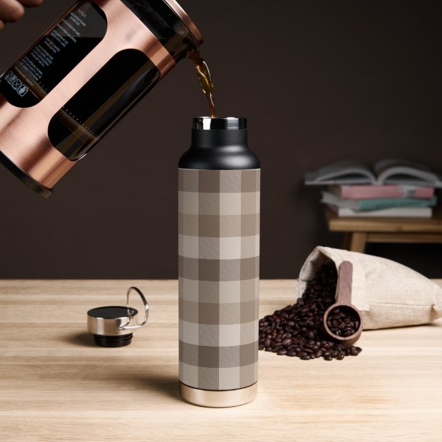 Neutral Earth Tan Chequered Gingham Plaid  Water Bottle (Coffee (Rotated))