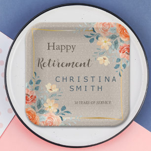 Neutral Earthy Floral Watercolor Retirement Party Paper Plate