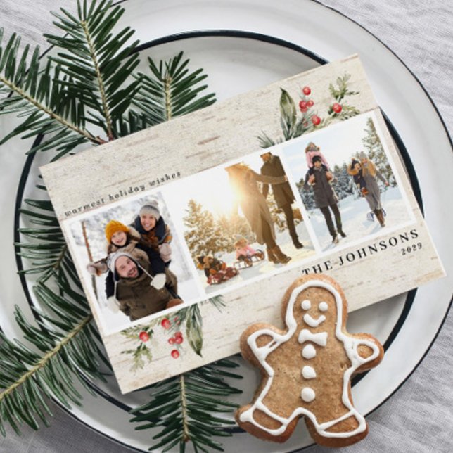 Neutral Farmhouse Greenery Birch Photo Collage Holiday Card (Creator Uploaded)