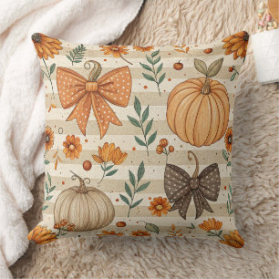 Neutral Farmhouse Pumpkins and Orange Bows Throw Pillow