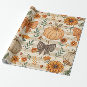 Neutral Farmhouse Pumpkins and Orange Bows Wrapping Paper