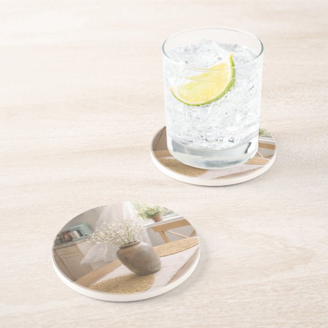  Neutral Farmhouse Woven Look Floral Coasters (Side)