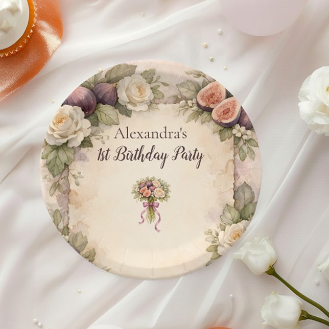 Neutral Fig Floral 1st Birthday Paper Plate (Creator Uploaded)