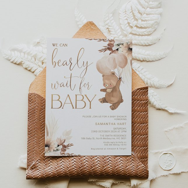 Neutral Floral Bearly Wait for Baby Baby Shower Invitation (Creator Uploaded)