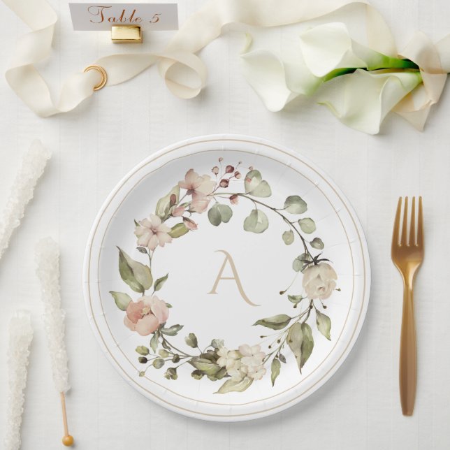 Neutral Floral Botanical Monogram Wedding Elegant Paper Plate (Wedding)