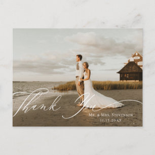 Neutral Floral Calligraphy Wedding Photo Thank You Postcard