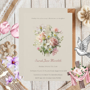 Neutral Floral Cross Baptism   Invitation