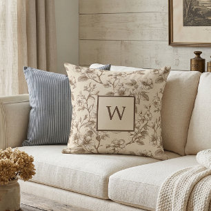 Neutral Floral Monogram Vintage  Throw Pillow