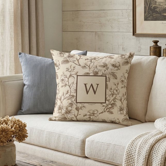 Neutral Floral Monogram Vintage  Throw Pillow (Creator Uploaded)