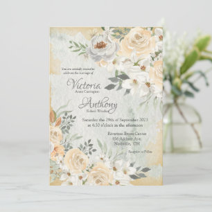Neutral Floral Script Wedding Invitation