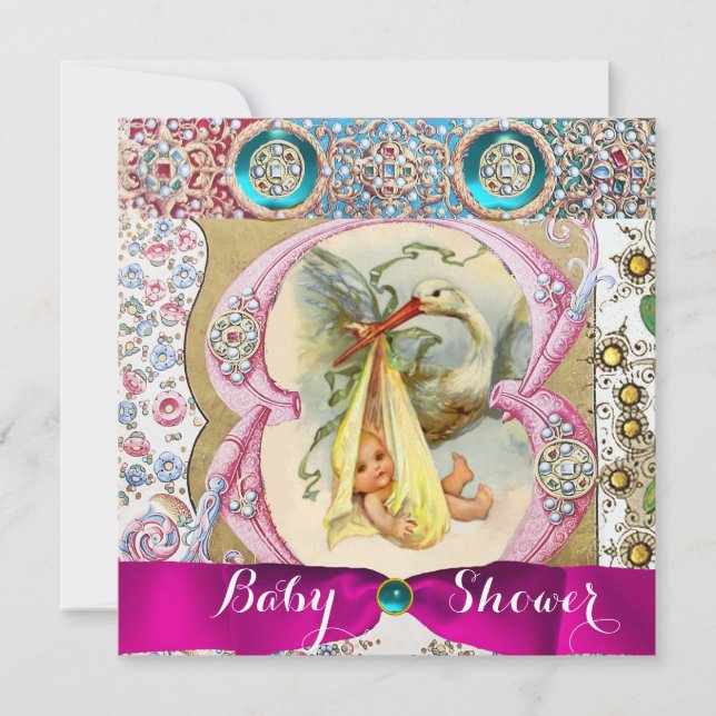 NEUTRAL FLORAL STORK BABY SHOWER WITH  GEMSTONES INVITATION (Front)