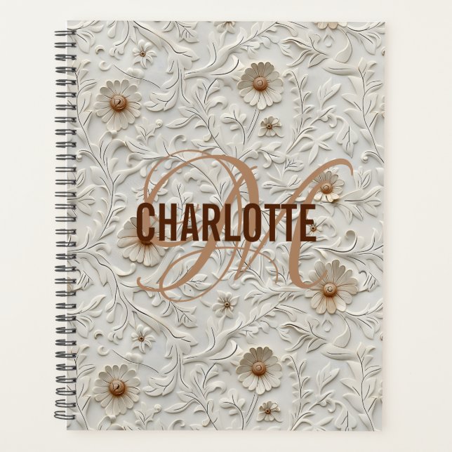 Neutral floral tooled leather  monogram name planner (Front)