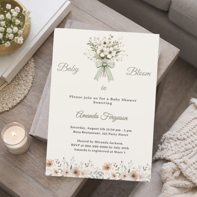 Neutral florals green ivory bloom Baby Shower Invitation (Creator Uploaded)