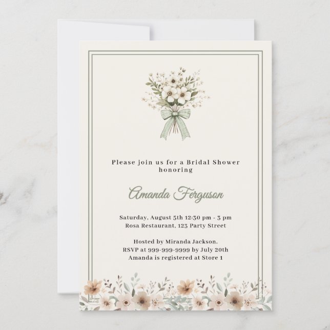 Neutral florals green ivory Bridal Shower Invitation (Front)