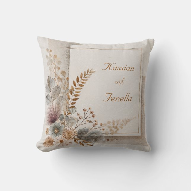 Neutral Folk Art Wildflower Wedding  Throw Pillow (Front)