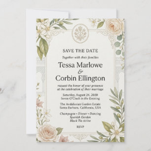Neutral Garden Roses, Citrus Blossoms, Olive Branc Invitation