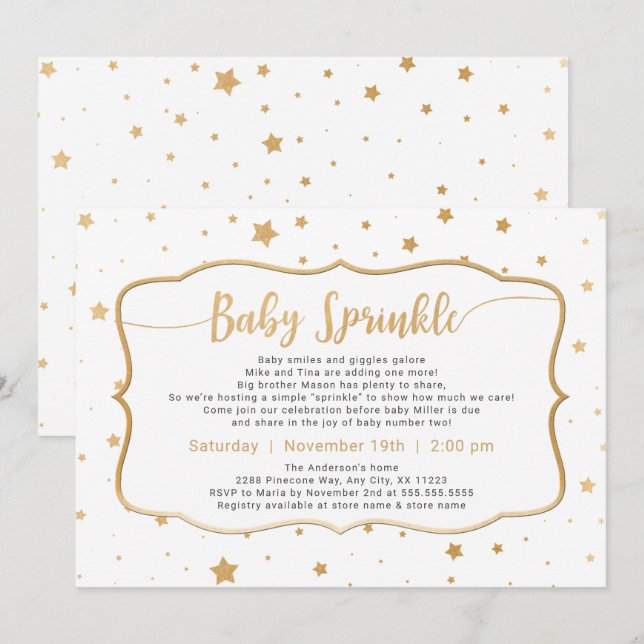 Neutral Gender Baby Sprinkle - white gold stars Invitation (Front/Back)
