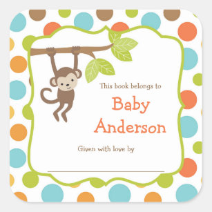 Neutral Gender Monkey Baby Bookplates Square Sticker