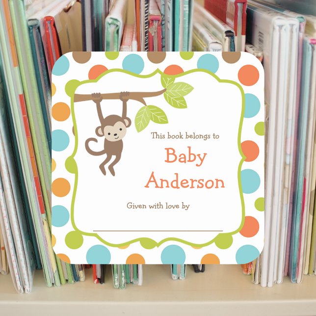 Neutral Gender Monkey Baby Bookplates Square Sticker (Creator Uploaded)