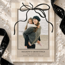 Neutral Gingham Black Bow Family Photo Christmas