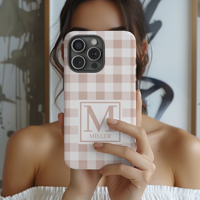 Neutral Gingham Custom Phone Case for Mom, Grandma (Elegant Neutral Plaid Phone Case Gift for Women, Custom Beige Gingham Phone Case for Teens & Adults)