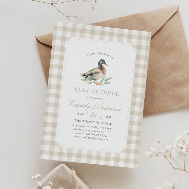 Neutral Gingham Mallard Duck Baby Shower Invitation (Creator Uploaded)
