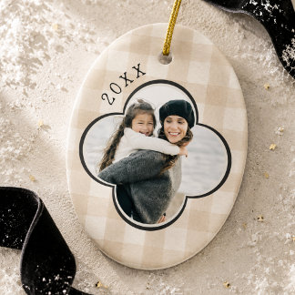 Neutral Gingham Quatrefoil Family Photo Christmas Ceramic Ornament