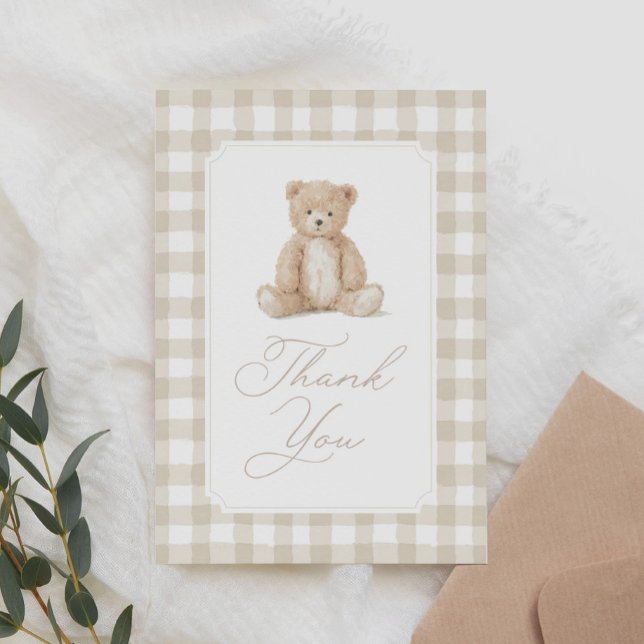 Neutral Gingham Teddy Bear Baby Shower Thank You Card (Creator Uploaded)