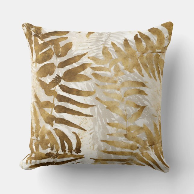 Neutral Gold Grey Fern Leaves Throw Pillow (Front)