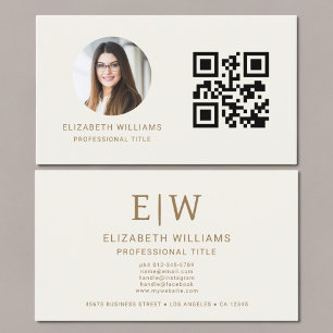 Neutral Gold QR Code Photo Monogram Business Card