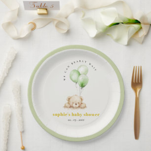 Neutral Green Bearly Wait Balloon Baby Shower Paper Plate