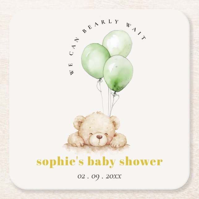Neutral Green Bearly Wait Balloon Baby Shower Square Paper Coaster (Front)