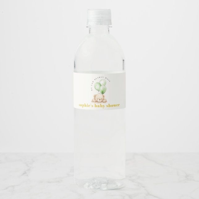 Neutral Green Bearly Wait Balloon Baby Shower Water Bottle Label (Front)