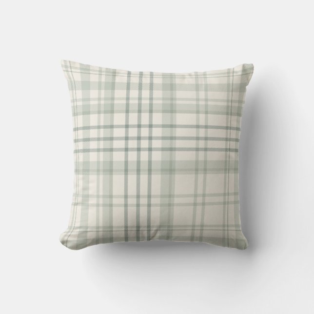 Neutral Green Beige Plaid Throw Pillow (Front)