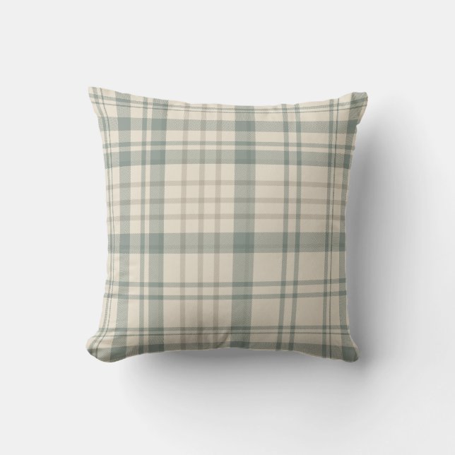Neutral Green Beige Plaid Throw Pillow (Front)
