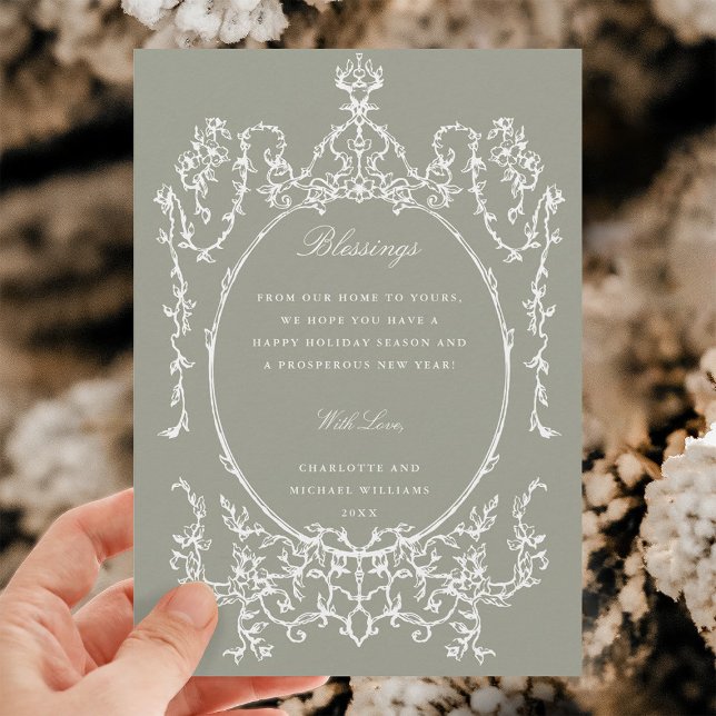 Neutral Green Classic Vintage Frame Photo  Holiday Card (Creator Uploaded)