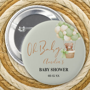 Neutral Green Teddy Bear Oh Baby Balloon  2 Inch Round Button